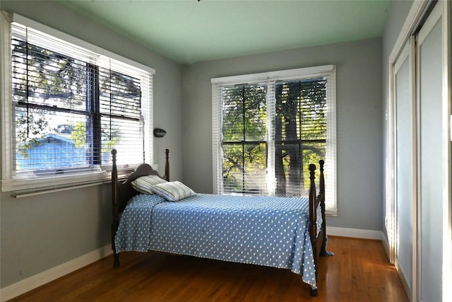 bedroom featuring multiple windows, wood finished floors, and baseboards