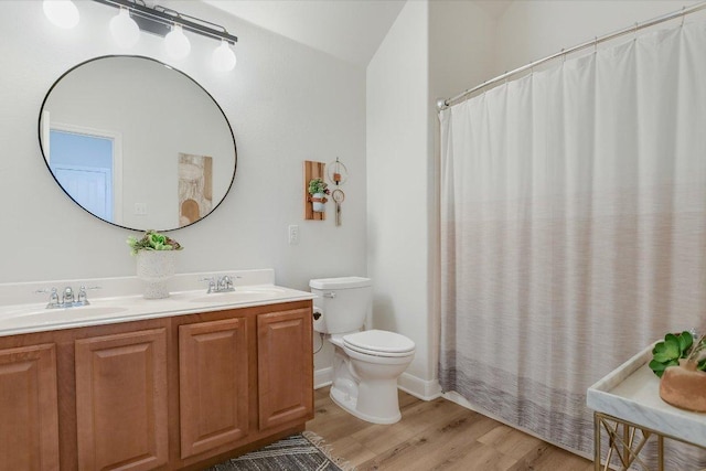 bathroom with double vanity, wood finished floors, a sink, and toilet