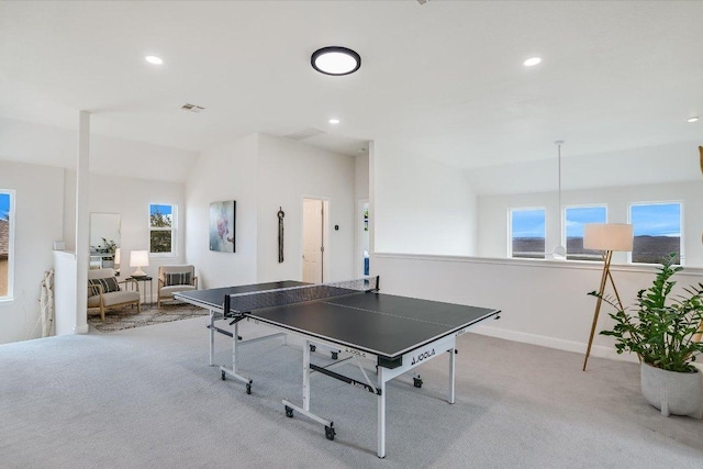 rec room with carpet floors, baseboards, visible vents, and recessed lighting