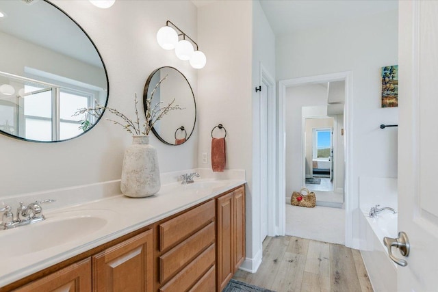 full bath featuring double vanity, wood finished floors, a sink, and a bath