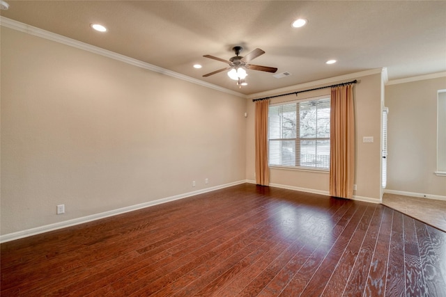 spare room with baseboards, a ceiling fan, dark wood-style floors, ornamental molding, and recessed lighting