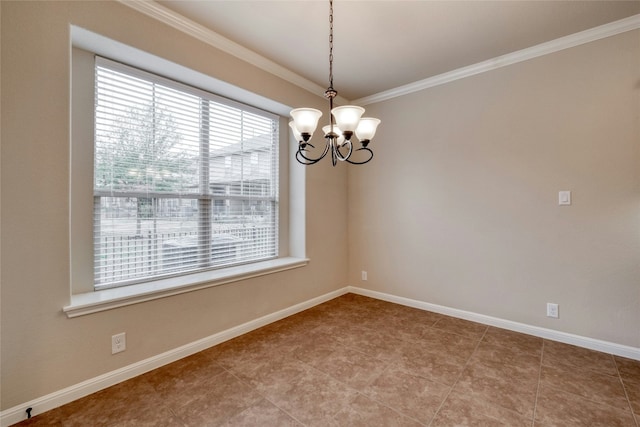 empty room with baseboards, ornamental molding, and a notable chandelier