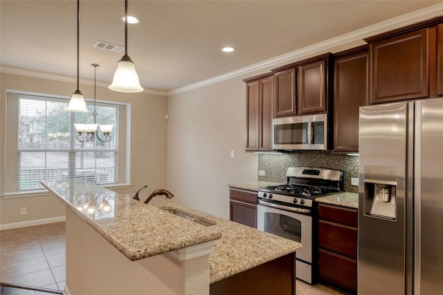 kitchen featuring stainless steel appliances, crown molding, a sink, and tasteful backsplash