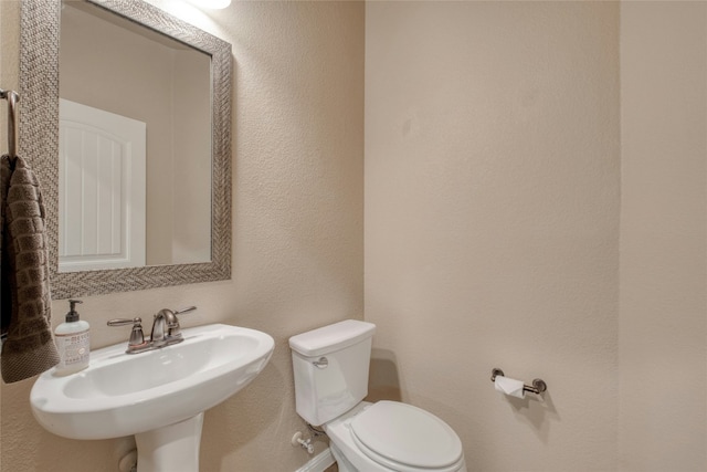 half bathroom featuring a textured wall, a sink, and toilet