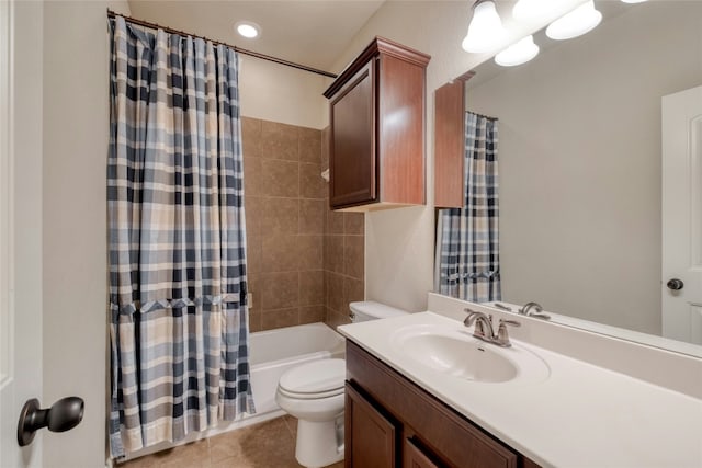 full bathroom with toilet, tile patterned flooring, shower / bath combo, and vanity