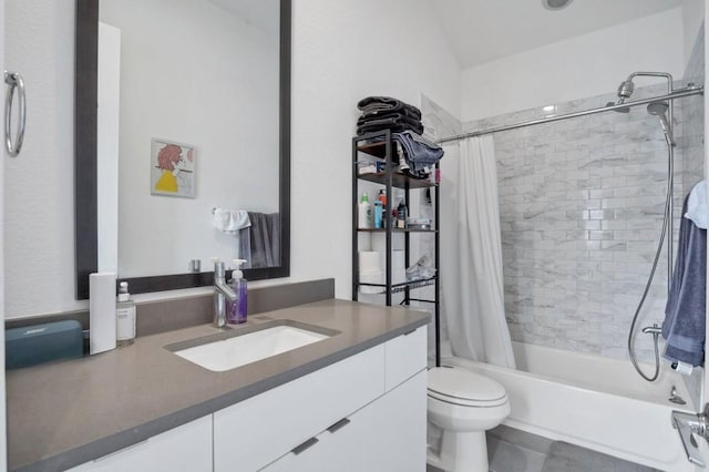 bathroom with toilet, shower / bath combo with shower curtain, and vanity