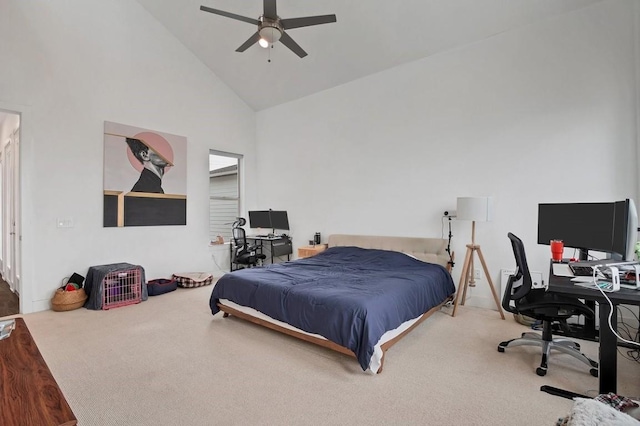 bedroom with high vaulted ceiling, carpet, and a ceiling fan