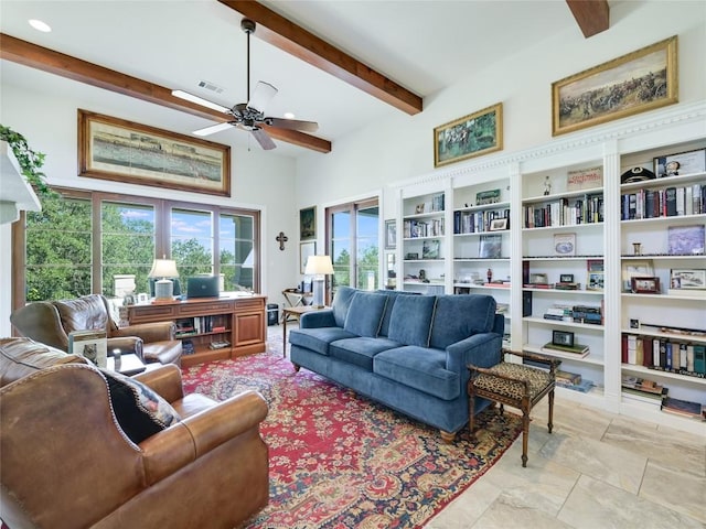 living area with ceiling fan, beam ceiling, visible vents, and recessed lighting