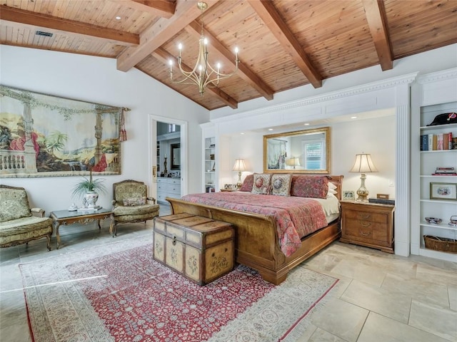 bedroom featuring a chandelier, vaulted ceiling with beams, wooden ceiling, and recessed lighting