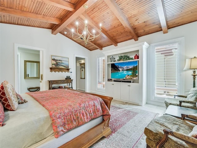bedroom with multiple windows, vaulted ceiling with beams, wood ceiling, and a notable chandelier
