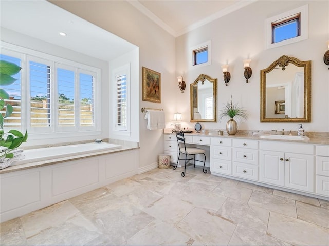 full bathroom featuring a bath, vanity, a wealth of natural light, and ornamental molding