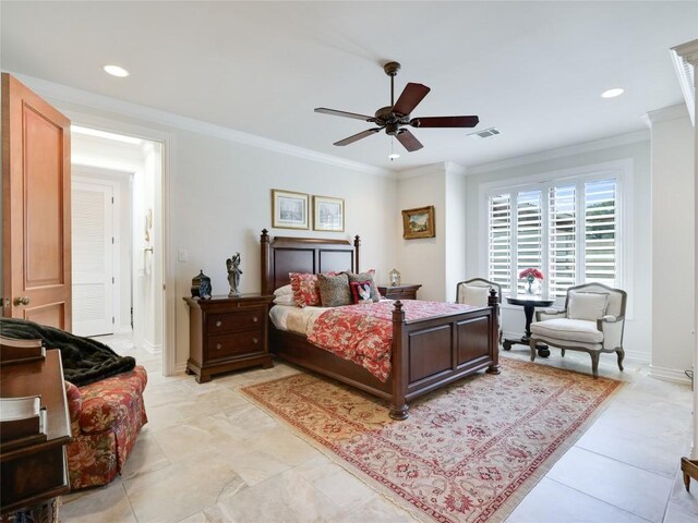 bedroom with baseboards, ornamental molding, visible vents, and recessed lighting