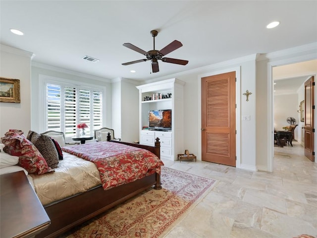 bedroom featuring a ceiling fan, crown molding, visible vents, and recessed lighting