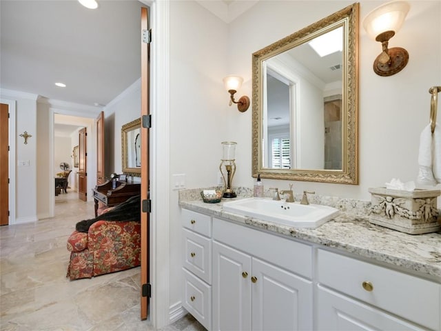 full bath featuring recessed lighting, visible vents, vanity, and ornamental molding