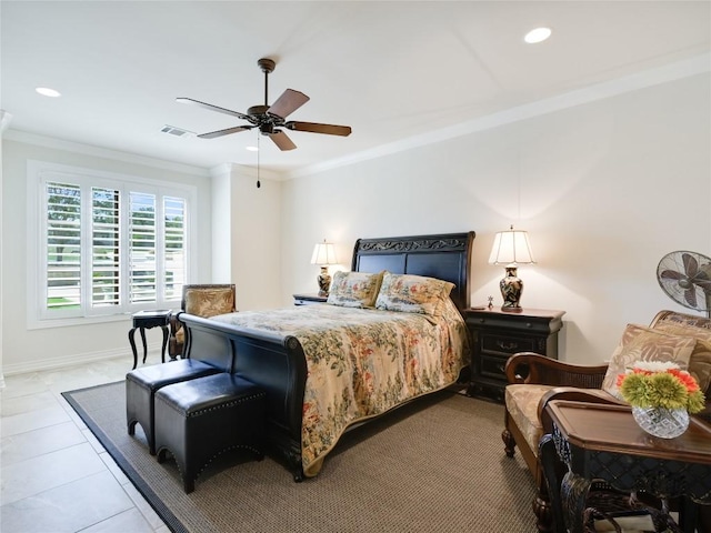 bedroom featuring recessed lighting, visible vents, a ceiling fan, ornamental molding, and baseboards