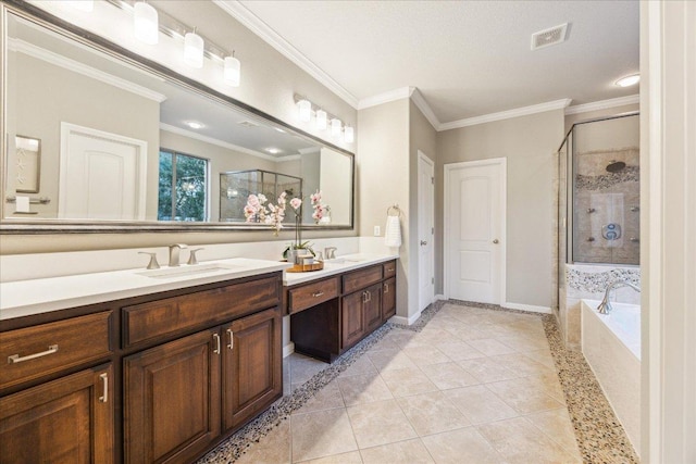 full bathroom with double vanity, ornamental molding, a stall shower, and a sink