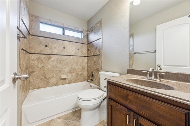 bathroom with bathtub / shower combination, vanity, toilet, and tile patterned floors