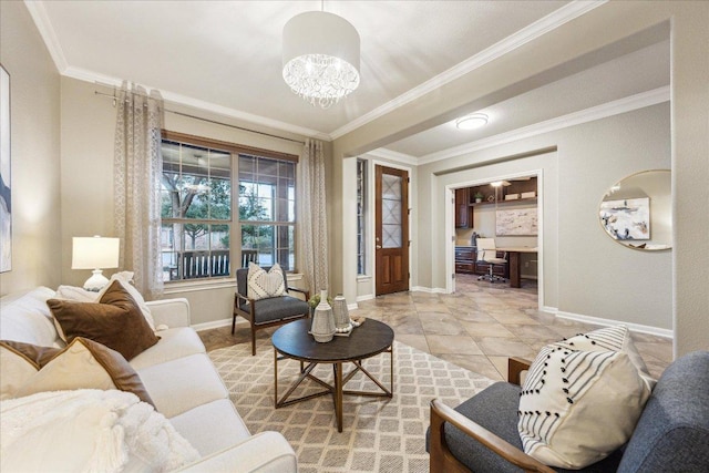 living area featuring a notable chandelier, baseboards, light tile patterned flooring, and crown molding