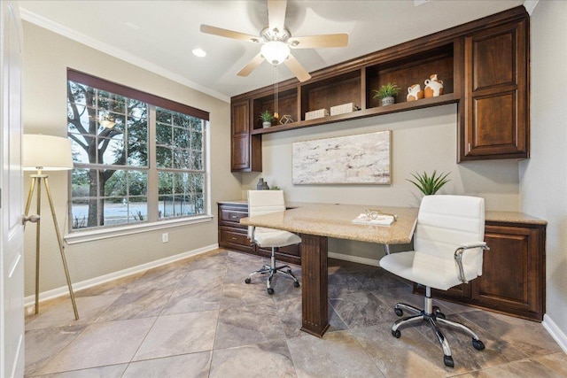 home office with ceiling fan, ornamental molding, and baseboards