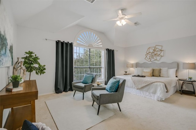 carpeted bedroom featuring lofted ceiling, baseboards, visible vents, and a ceiling fan