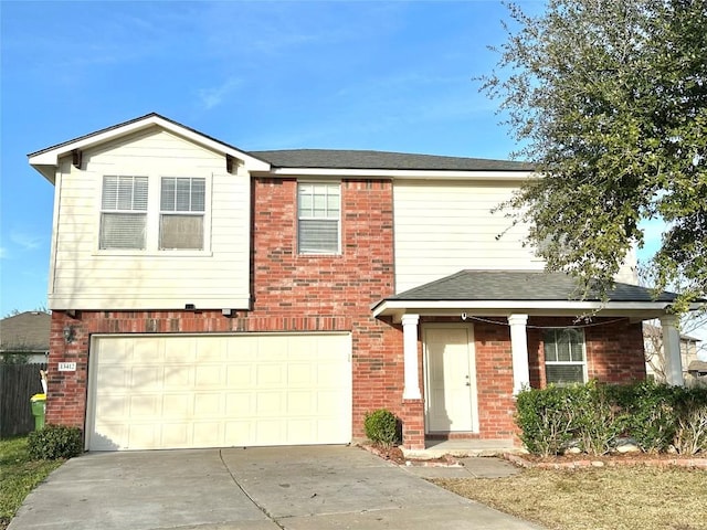 view of front of property with a shingled roof, concrete driveway, brick siding, and an attached garage