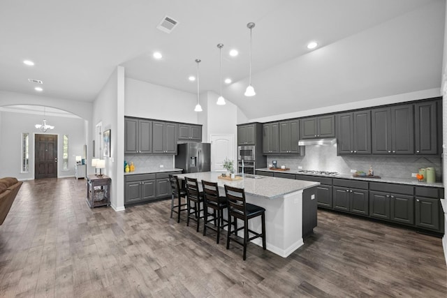 156 Mary Elise Way, Austin, TX 78737 - kitchen featuring arched walkways, gray cabinetry, stainless steel appliances, high vaulted ceiling, and a large island