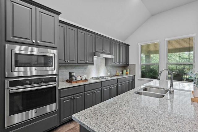 156 Mary Elise Way, Austin, TX 78737 - kitchen with stainless steel appliances, vaulted ceiling, gray cabinetry, backsplash, and light stone countertops