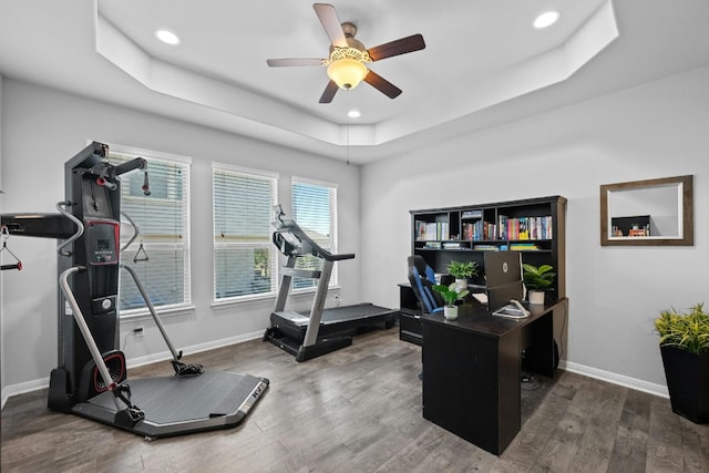 exercise room with baseboards, a raised ceiling, wood finished floors, and recessed lighting