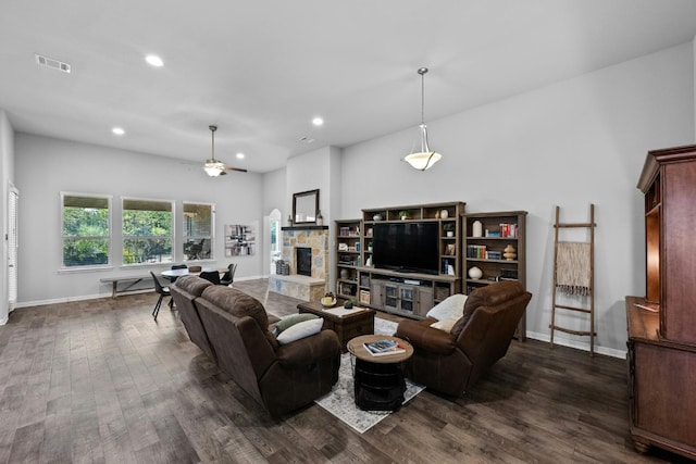 156 Mary Elise Way, Austin, TX 78737 - living room featuring ceiling fan, dark wood-style floors, recessed lighting, and a fireplace