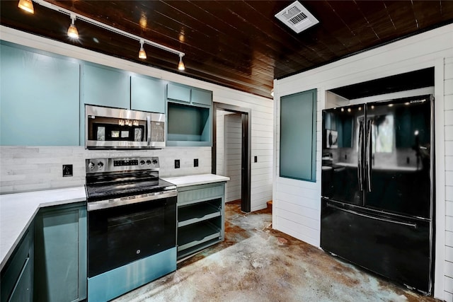 kitchen with stainless steel appliances, light countertops, visible vents, unfinished concrete floors, and wooden ceiling