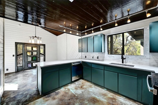 kitchen with light countertops, green cabinets, a sink, concrete flooring, and dishwasher