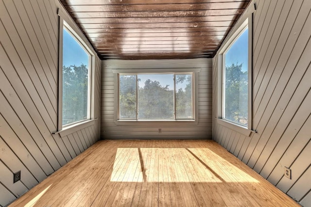 unfurnished sunroom featuring plenty of natural light and wood ceiling