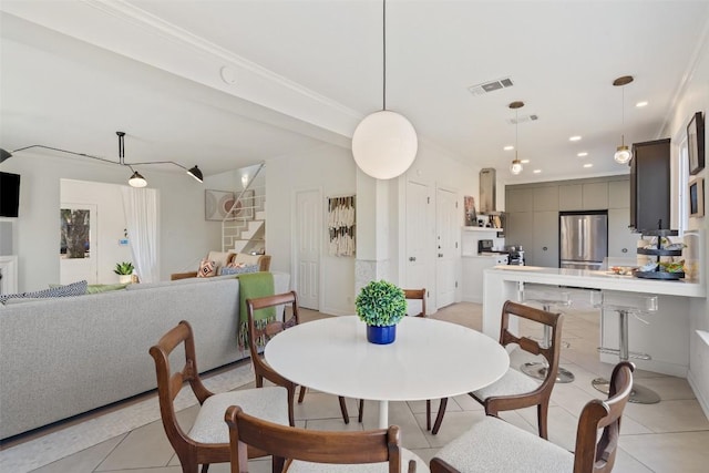 dining room featuring stairs, recessed lighting, light tile patterned floors, ornamental molding, and visible vents