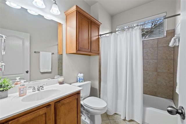 full bathroom featuring toilet, tile patterned flooring, shower / bath combo with shower curtain, and vanity