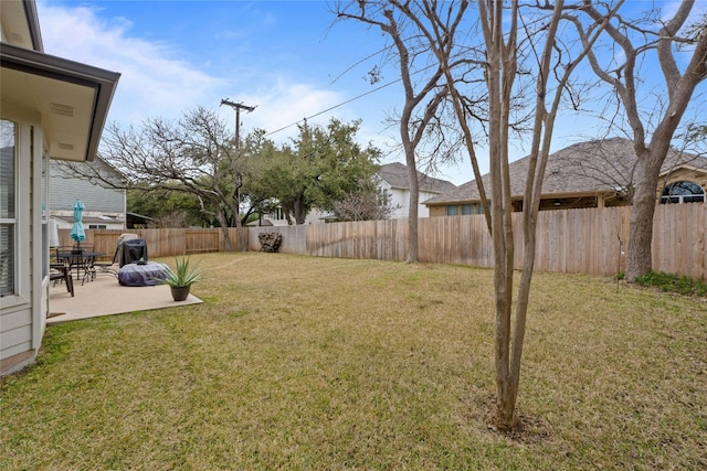 view of yard featuring a fenced backyard and a patio