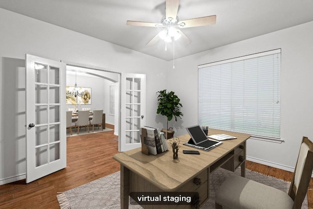 1532 Homewood Cir, Round Rock, TX 78665 - office with french doors, baseboards, a chandelier, wood finished floors, and ceiling fan