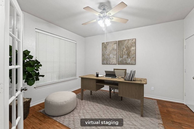 1532 Homewood Cir, Round Rock, TX 78665 - office with wood finished floors, a ceiling fan, and baseboards