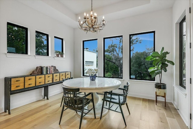 dining space with a raised ceiling, a healthy amount of sunlight, light wood-style flooring, and baseboards