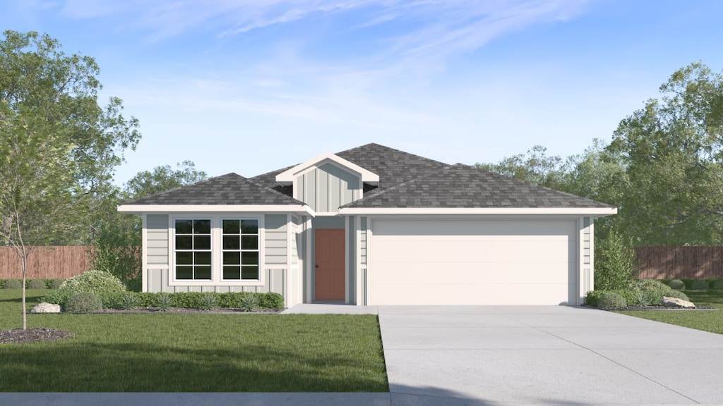 single story home featuring a garage, fence, driveway, board and batten siding, and a front yard