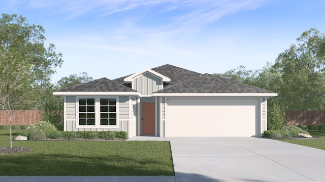 single story home featuring a garage, fence, driveway, board and batten siding, and a front yard