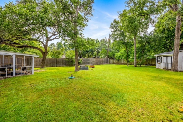 view of yard featuring an outbuilding and a fenced backyard