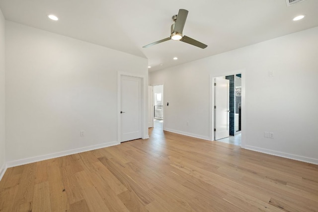 empty room featuring ceiling fan, recessed lighting, visible vents, baseboards, and light wood-style floors