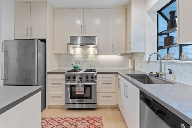 kitchen with under cabinet range hood, a sink, high quality appliances, light wood-style floors, and decorative backsplash