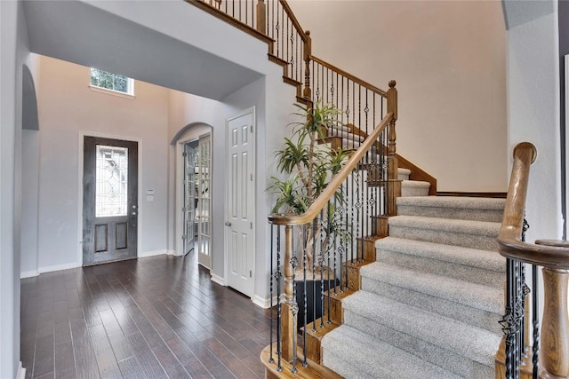 entrance foyer with a healthy amount of sunlight, a high ceiling, baseboards, and wood finished floors