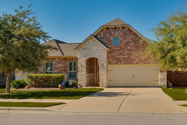 french provincial home featuring a shingled roof, concrete driveway, stone siding, fence, and brick siding