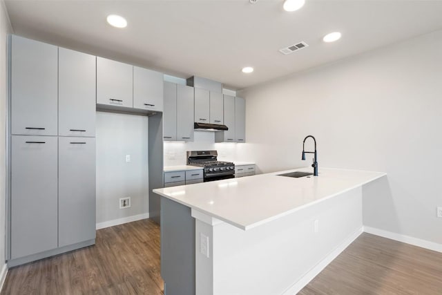 kitchen featuring under cabinet range hood, wood finished floors, a sink, visible vents, and gas stove