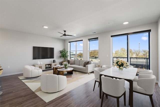 living room featuring recessed lighting, visible vents, ceiling fan, wood finished floors, and baseboards