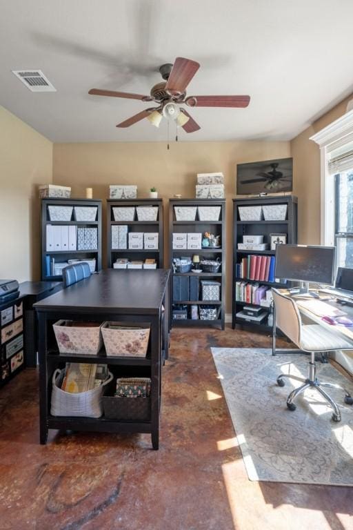 office area featuring ceiling fan and visible vents