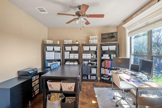 office featuring a ceiling fan, visible vents, and concrete flooring