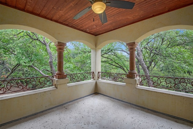 view of patio / terrace featuring a ceiling fan and a balcony